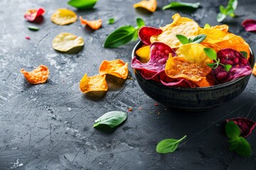 Poster - Colorful vegetable chips in bowl on dark background empty space to write