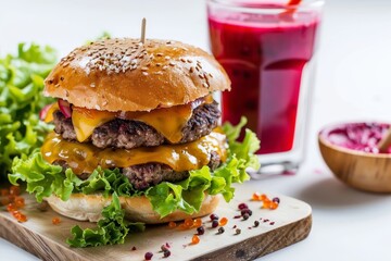 Poster - Creative white background with stuffed cheese burger and beetroot juice