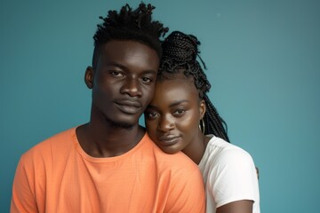 Dark skinned couple posing in studio