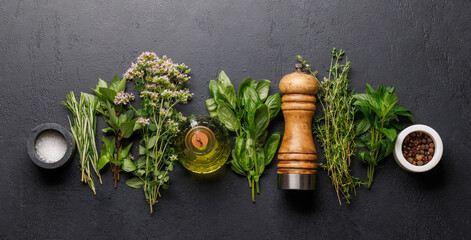 Wall Mural - Various herbs and spices on the table