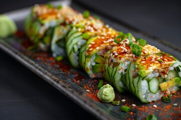 Sticker - Delicious vegan California rolls with rice avocado cucumber and spicy sauce Sushi spring rolls on black background for street food menu