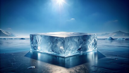 Frozen Cube on a Glacial Lake, 3D Render, Ice Sculpture, Blue, Nature, Ice, Lake