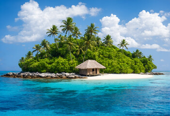 Tropical island with hut and palms surrounded by ocean blue water