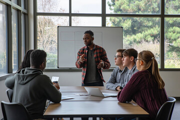 Wall Mural - A group of people are sitting around a table with a whiteboard in front of them