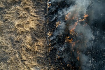 Sticker - Forest fire viewed from above Black ash covers ground Fire line visible