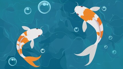 Cartoon-style blue background with bubbles and waves, featuring two small white and orange koi fish in side profile.