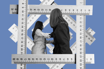 Collage with a two women and wooden measuring rulers	