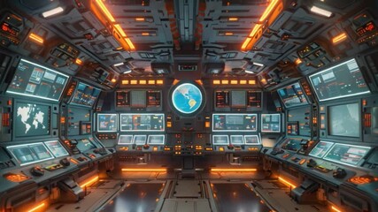 A futuristic control room filled with screens and technology, likely for managing a reusable rocket launch.