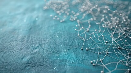 Silver dots linked by graphite threads on a cerulean blue canvas, text space in the upper right