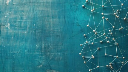 Silver dots linked by graphite threads on a cerulean blue canvas, text space in the upper right