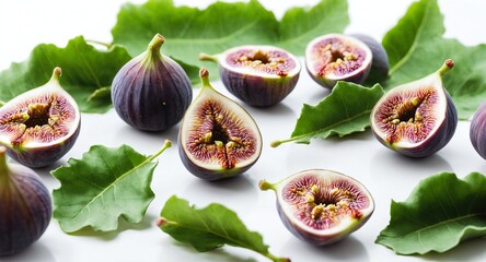 Poster - Fresh figs with green leaves on white background.