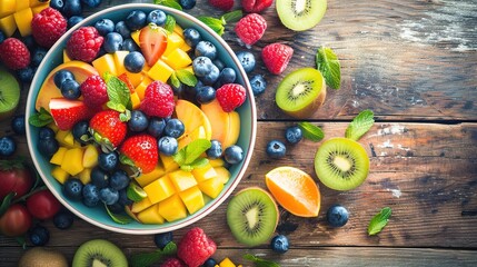 Wall Mural - Fresh Fruit Salad With Mango, Kiwi, Strawberries, and Blueberries on Wooden Table