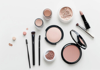 Makeup products and cosmetics on a white background, stock photo, space for text