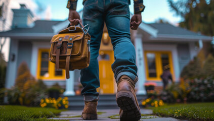 Back of professional handyman or repairman with bag and tools walking into the front door house