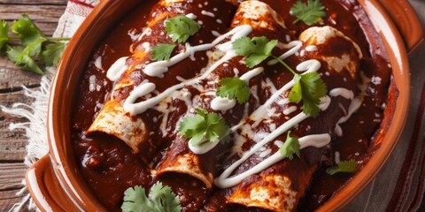 Canvas Print - Authentic Mexican cuisine featuring enchiladas topped with rich sauce and garnished with fresh cilantro