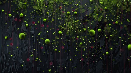 Wall Mural - Moss green dots and ruby lines on a charcoal black background, focused area for text in the upper center