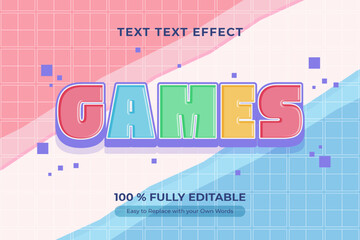 Wall Mural - A vibrant 3D editable text effect showcasing the word 'Games' in bold, colorful letters. Modern geometric pattern with pink, white, and blue background