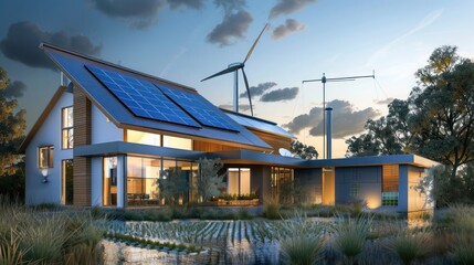 Wall Mural - eco-friendly suburban contemporary home with solar tiles, a wind turbine, and a self-watering landscape