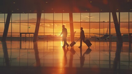 busines men walking at the airport with luggage trolley at sunset, bussines man at airport