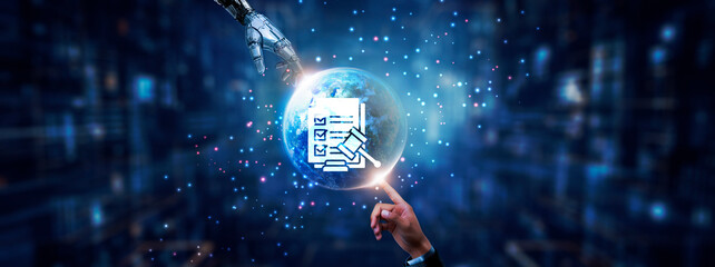 hands of robot and human touching on compliance icon global network connection, regulatory standards