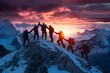 © Goashape-Studio - Summit of Success: A team of climbers reaches the peak of a majestic mountain range, silhouetted against a breathtaking sunset. Their triumphant embrace symbolizes teamwork, perseverance, and the ulti