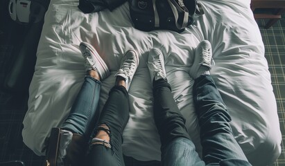 An excited and happy family lies on a large bed in a modern hotel and is relaxed.