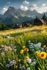 Wall Mural - Colorful wildflowers before majestic mountain scenery, perfect for nature photography or wall art