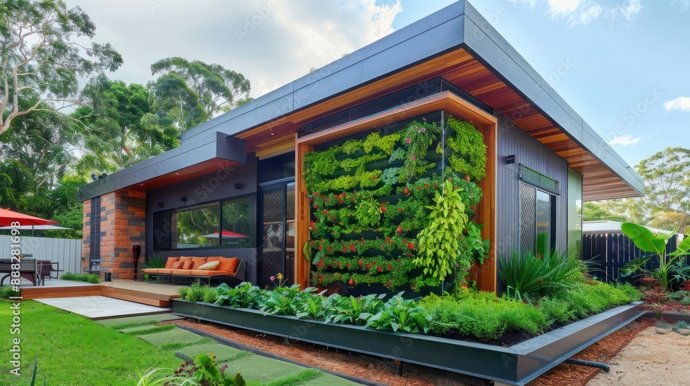 Image showcasing vibrant suburban mid-century modern home with a focus on sustainable ...