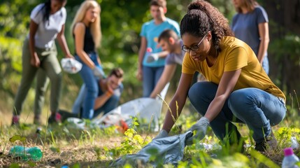 Community leader organizes a cleanup event, guiding volunteers as they pick up litter in a park Group works together energetically, making the environment cleaner