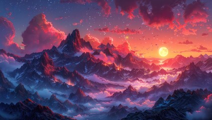 Canvas Print - Mountainous Sunset with a Full Moon