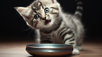 Wall Mural - A playful kitten engages with a bowl, suitable for pet-themed content