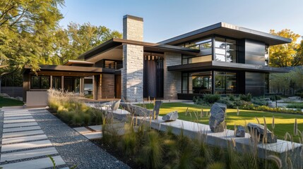 suburban modern house with an artistic installation in the front yard, creating a dialogue between art and architecture