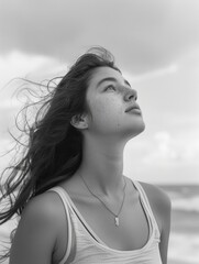 Poster - A thoughtful woman gazes towards the heavens, offering scenic shots for meditation or travel themes