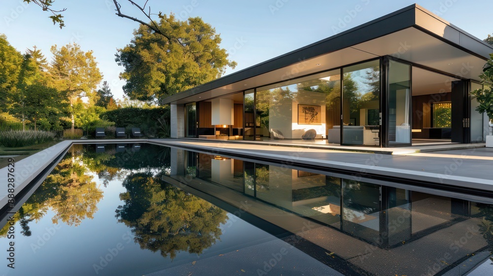 contemporary suburban home with an outdoor reflective pool, where the