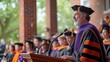 © kwangze - A distinguished professor in academic regalia delivering a speech at a graduation ceremony with students and faculty in the background