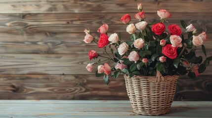 Wall Mural - Beautiful roses and basket in vase on table beside wooden wall