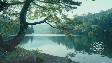Wall Mural - animation serene lake surrounded by lush green foliage and trees. generated with ai