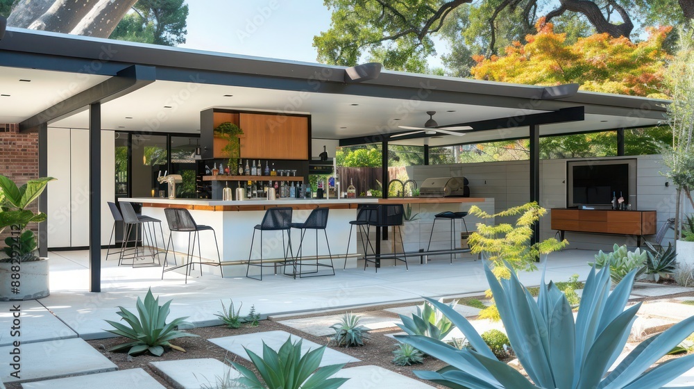 luxurious mid-century modern suburban home with an outdoor bar area and ...
