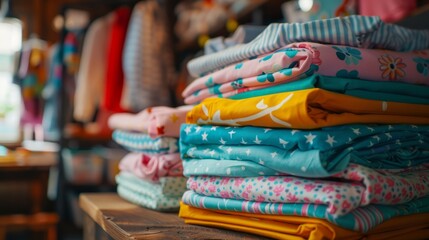 Table with neatly stacked summer children's clothing, vivid colors.