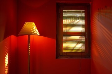 Poster - Cozy room with a warm lamp and blinds casting shadows, illustrating comfort and serenity in a rustic, intimate setting