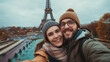 © acnaleksy - happy couple taking a selfie in front of the Eiffel Tower in Paris