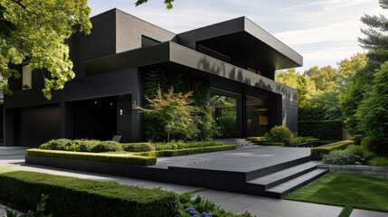 sleek suburban house with an all-black exterior and precision-cut landscaping, creating a dramatic contrast with the green surroundings