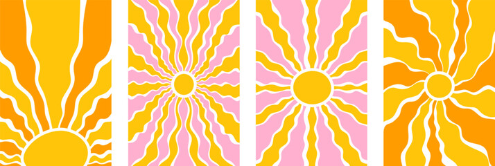 Groovy retro abstract sun backgrounds featuring organic doodle shapes in a trendy naive hippie style from the 60s and 70s.