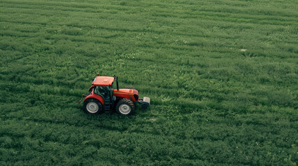 Wall Mural - A red tractor is driving through a field of green grass