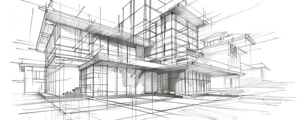 Wall Mural - Detailed architectural sketch of a modern building design.