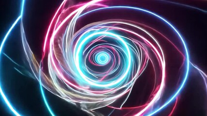 Poster - A vibrant, abstract design featuring neon lights in blue, pink, and white swirling around a central circle.
