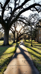 Wall Mural - Serene Sidewalk Under Canopy of Majestic Trees with Sunlight Streaming Through Branches in Early Morning