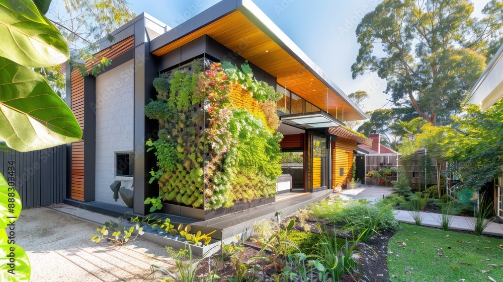 Image showcasing vibrant suburban mid-century modern home with a focus on sustainable ...