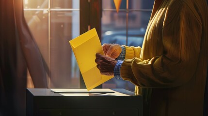 Wall Mural - Voter holding envelope putting in ballot box at polling place