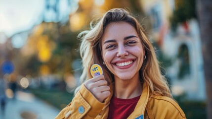 Wall Mural - Woman, vote sticker and smile for election, positive and politics for America, government. Badge, voter choice and support for party, registration or hand for voting register US